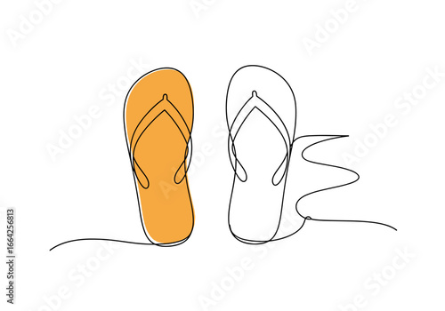 Two simple line art flip flops one colored orange and the other outline only showcasing summer beach footwear