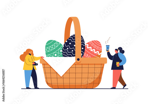Two people admiring a wicker basket filled with colorful decorated easter eggs in a bright white background