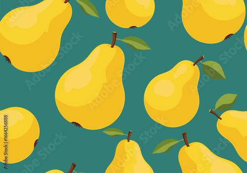 A repeating pattern of vibrant yellow pears with green leaves on a deep teal background