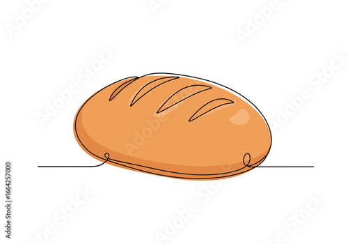 A simple one line drawing of a golden brown loaf of bread with scoring on top isolated on a white background