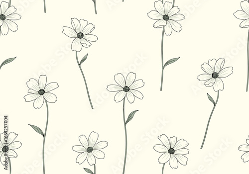 Delicate sketchy daisies on creamy white background seamless pattern design