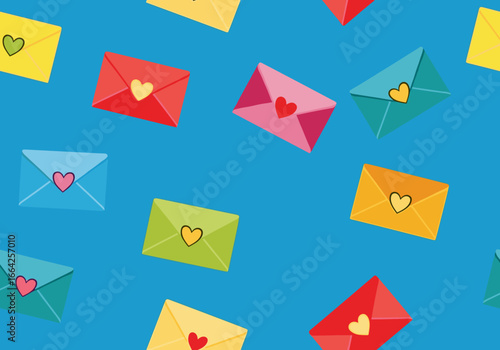 Seamless pattern of colorful envelopes with hearts on a blue background perfect for valentine's day or love letters celebration