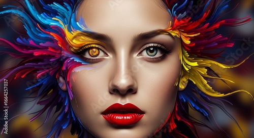 Portrait of a beautiful woman with vividly colored abstract makeup with heterochromia eyes. Concept for cosmetic promotion, artistic expression and modern beauty trends