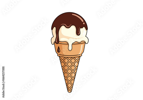 A deliciously creamy vanilla ice cream cone topped with rich chocolate sauce dripping down