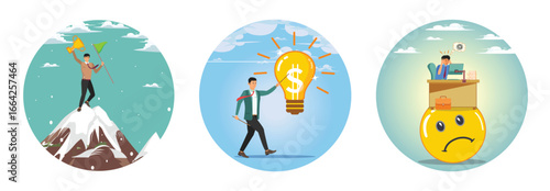 Success leadership to achieve goal. Idea pitching. Unhappy employee, dissatisfied work.