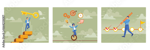 Key to business success. Multitasking work and time management concept. Task completion.