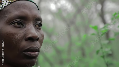 A close-up portrait of a thoughtful African woman wearing a traditional headscarf in a lush green forest