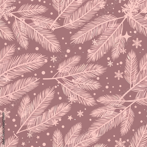 Seamless Pattern, Seamless Christmas pattern with fir branches, snowflakes, and stars on a mauve background Stock royalty free  image.