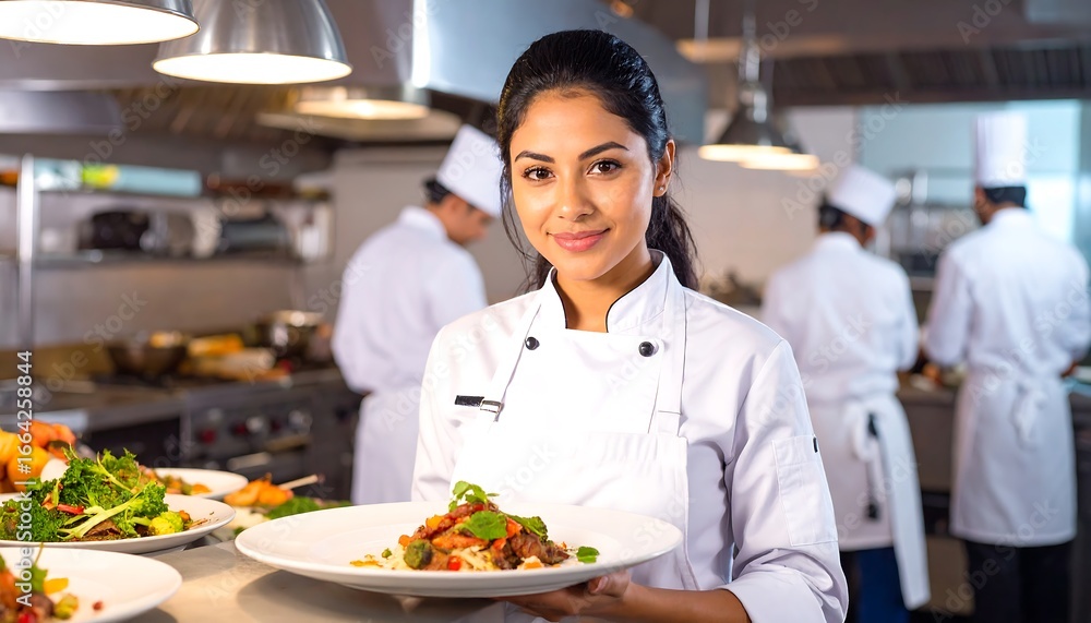 Obraz premium Portrait of a proud young woman chef holding a freshly prepared plate of food in a commercial kitchen