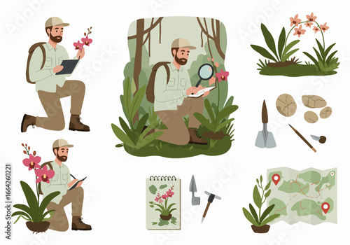 Botanist studying orchids in jungle with tools and map
