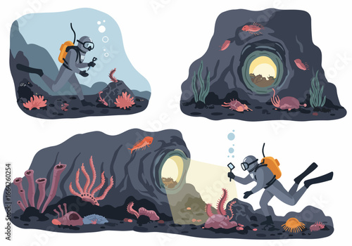 Underwater cave diving with scuba divers and coral reefs