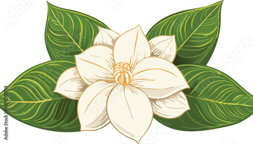Creamy white flower with green leaves bloom petals
