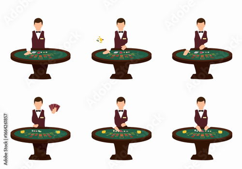 Casino dealer at gaming table with chips and cards