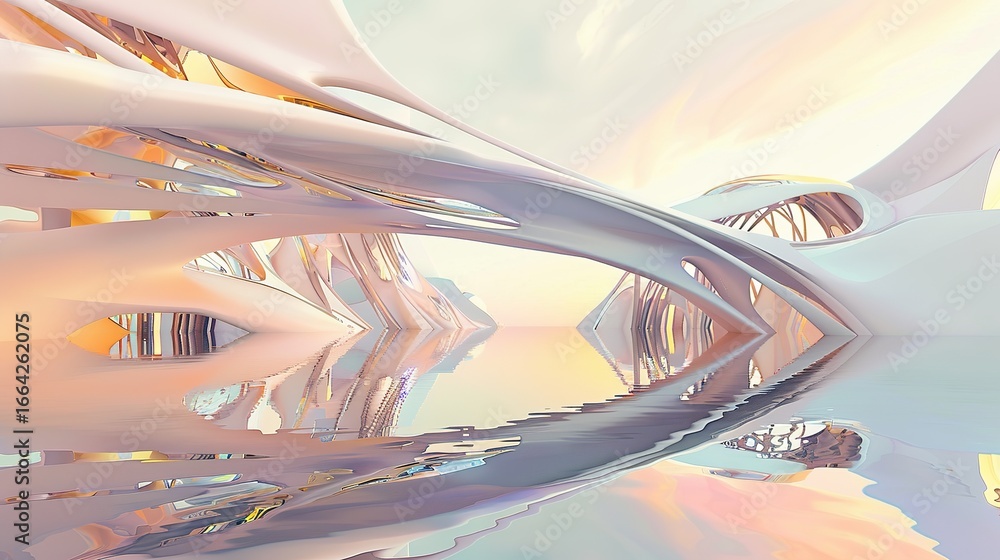 Fototapeta premium Abstract fluid architectural design featuring soft pastel colors—pinks, blues, yellows—that reflect gently on calm water, highlighting smooth textures, light play, and modern structural aesthetics sui