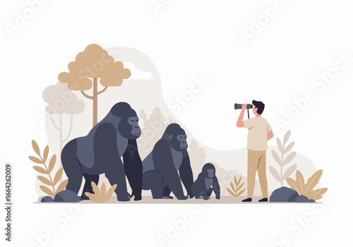 Gorilla family portrait with photographer in jungle