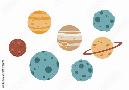 Planets and asteroids space scene with transparent background