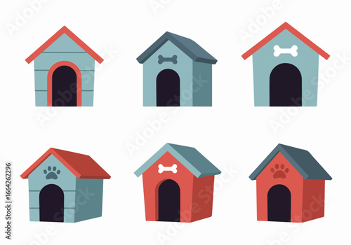 Dog houses with paw prints and bone icons