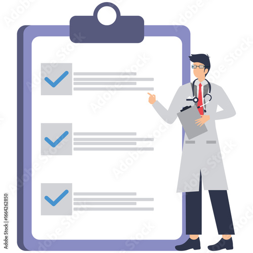 Doctor reviewing patient checklist, explaining treatment plan, medical professional illustration