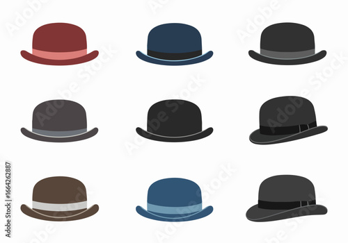 Collection of bowler hats in various colors with transparent background
