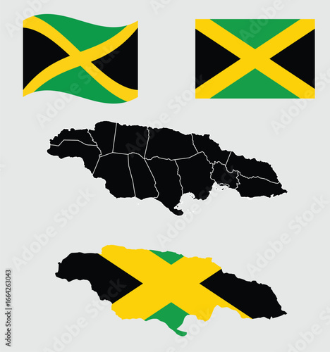 Jamaica  flag and map set,flag in rectangle and wavy, map in official colours and proportions,