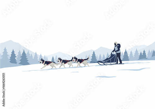 Dog sledding in snowy landscape with mountains