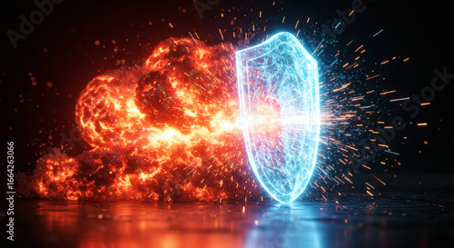 A radiant blue digital shield demonstrates powerful protection and security against an incoming fiery attack