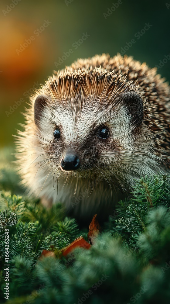 Fototapeta premium Hedgehog exploring a lush green landscape during the golden hour in a serene natural habitat