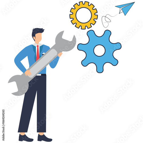 Businessman holding wrench with gears and paper plane, symbolizing innovation and solutions