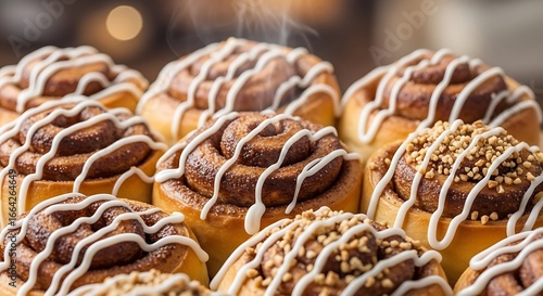 Delicious freshly baked cinnamon rolls with sweet white icing drizzle on display.