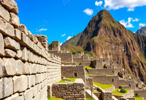 Ancient Inca stone walls, intricate architecture, mountain backdrop,  Andes,   travel photography