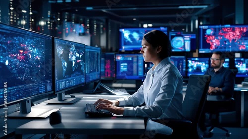 Cybersecurity analyst monitoring global cyber threats multiple computer screens high tech and modern control room, focused and professional