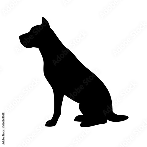 Simple black silhouette of a sitting dog. Vector graphic illustration of a canine pet in a classic pose, isolated on a white background