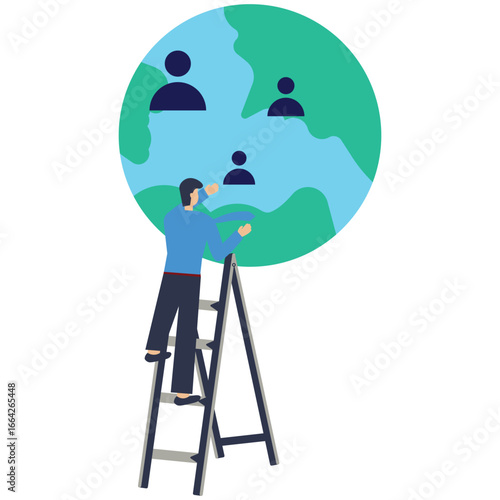 Global connection concept: Man on ladder reaching towards people on a world map illustration