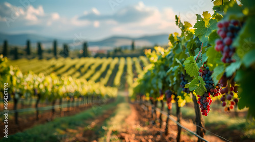 Sunlight bathes rows of lush green vines on a farm, creating a vibrant country landscape perfect for wine production