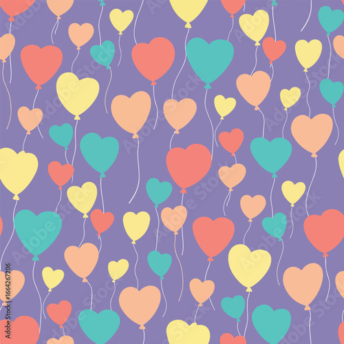 Seamless Pattern, Seamless pattern of colorful heart shaped balloons floating against a violet background Stock royalty free.