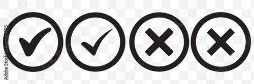 Green check marks and red X marks. Check marks indicate approval. X marks indicate rejection. Simple symbols for yes and no. Clear visual for correct and incorrect. Vector element set.