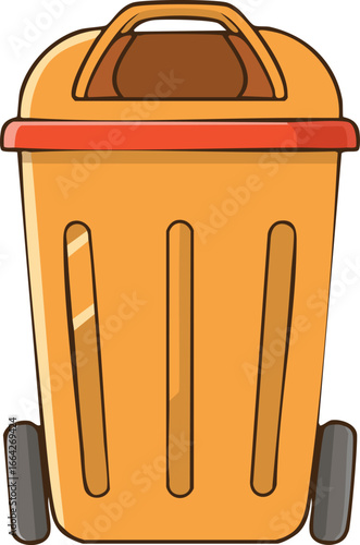 A cheerful orange wheelie bin with a lid, ready for waste disposal.