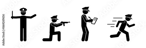Black stickman police officer silhouettes in action, holding baton, aiming gun, writing report, and running, minimal flat vector illustration for law enforcement, security, and safety concept designs.