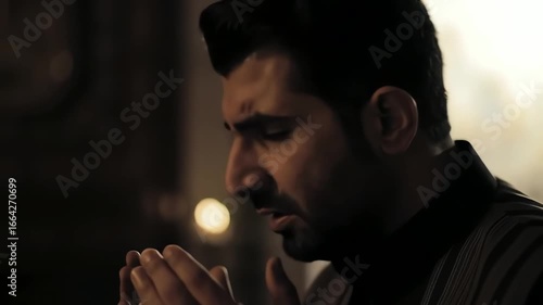 Side view of a devout Muslim man praying sincerely with hands raised in a dimly lit room