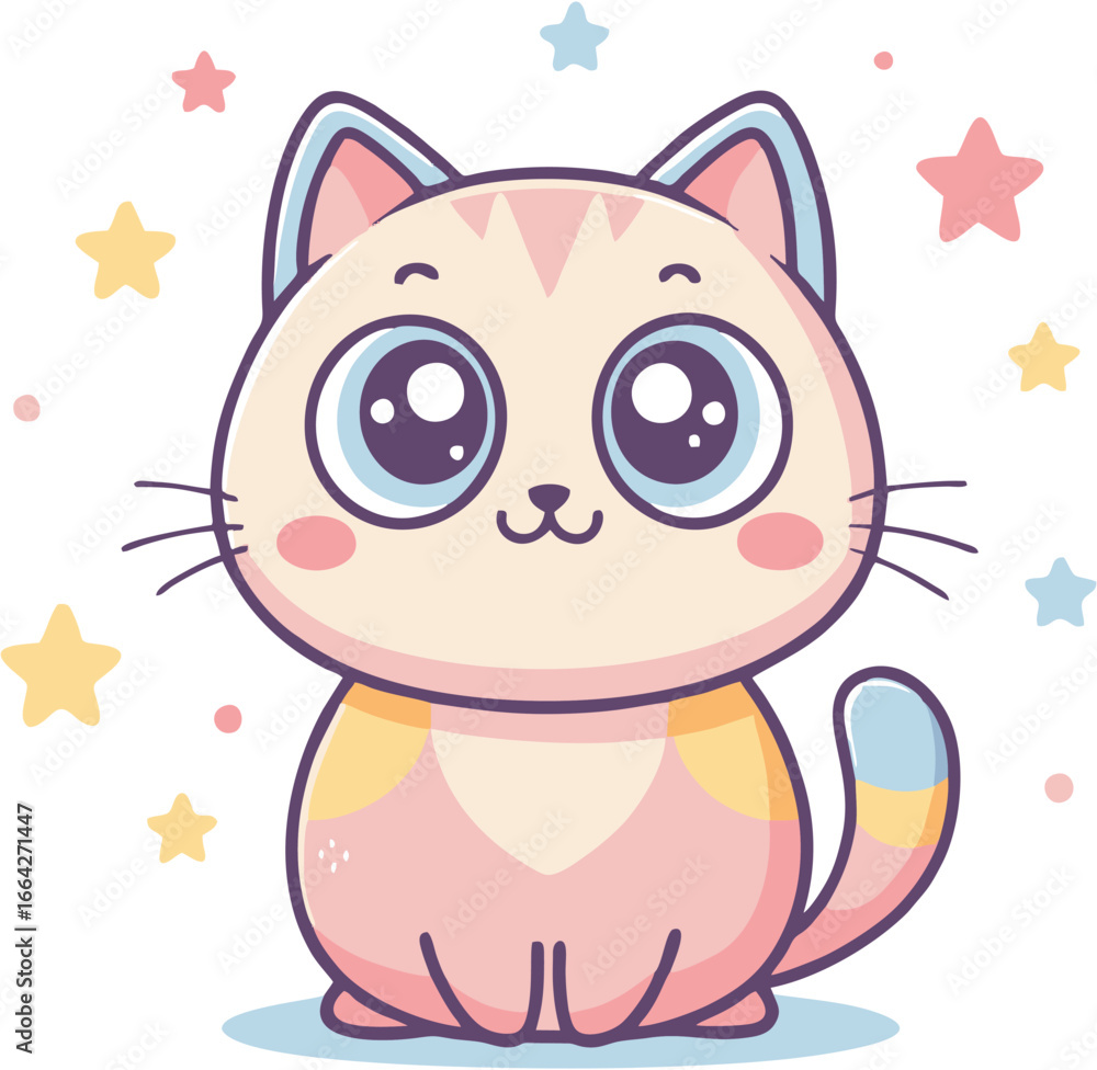Fototapeta premium Cute cartoon cat with big eyes and pastel colors, surrounded by stars.