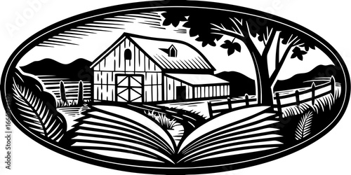 Illustration of a barn with a tree and fence in an oval frame with an open book in the foreground