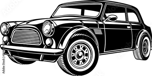 Monochrome illustration of a classic mini cooper car with detailed features and bold black outlines