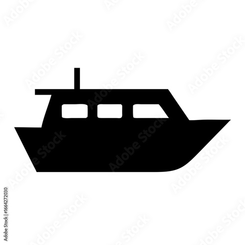 A simple black silhouette of a modern boat with rectangular windows