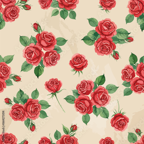 Wallpaper Mural Seamless Pattern, Seamless pattern of red roses and green leaves on a vintage beige background Stock royalty free. Torontodigital.ca