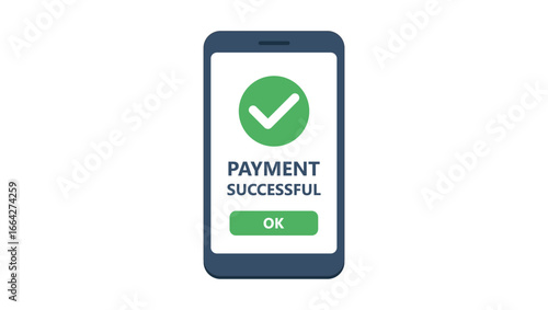 Modern fintech illustration of a smartphone showing a payment successful check mark. Perfect for app developers, e-commerce platforms, banking, and digital wallet UI concepts.