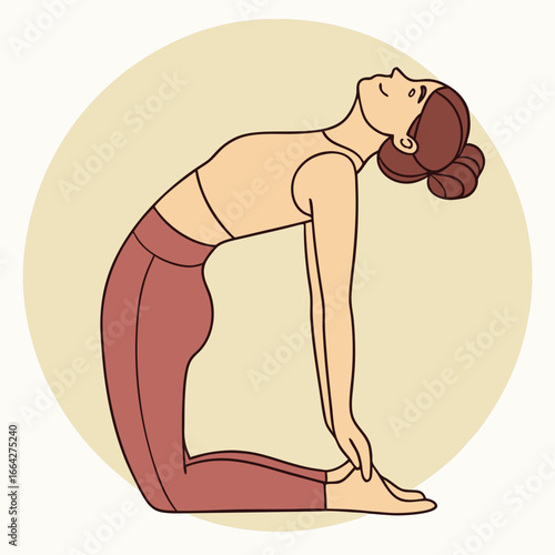 Woman in camel pose yoga Ustrasana with brown hair and skin tone yoga pose