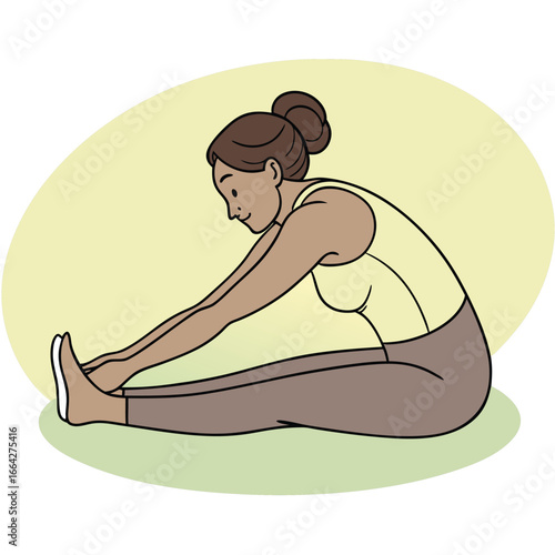 Woman in yellow top and brown leggings doing a seated forward fold yoga stretching
