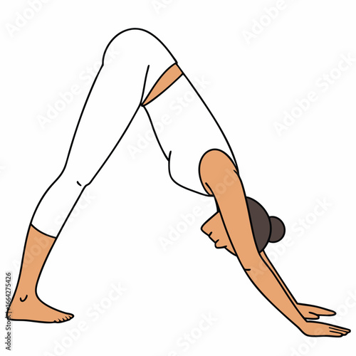 Woman in white yoga outfit performing downward facing dog pose adho mukha svanasana