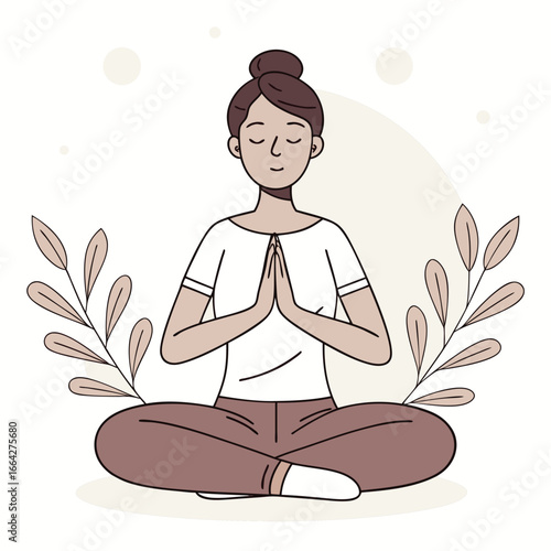 Woman meditating in lotus pose with plants and soft circles meditation yoga