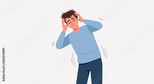 Man experiencing dizziness or vertigo, holding head in distress with motion lines
